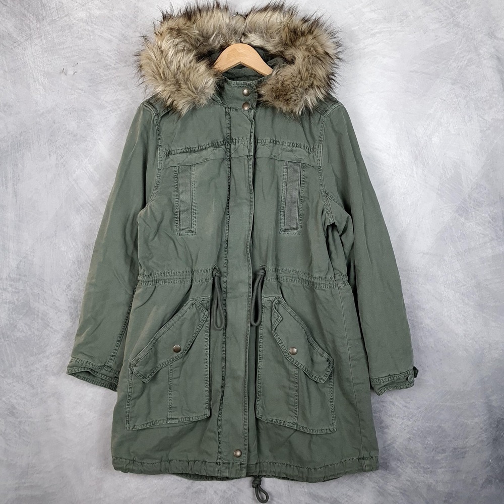 American Eagle Coat Womens Large Green Faux Fur Parka Hooded Utility Military